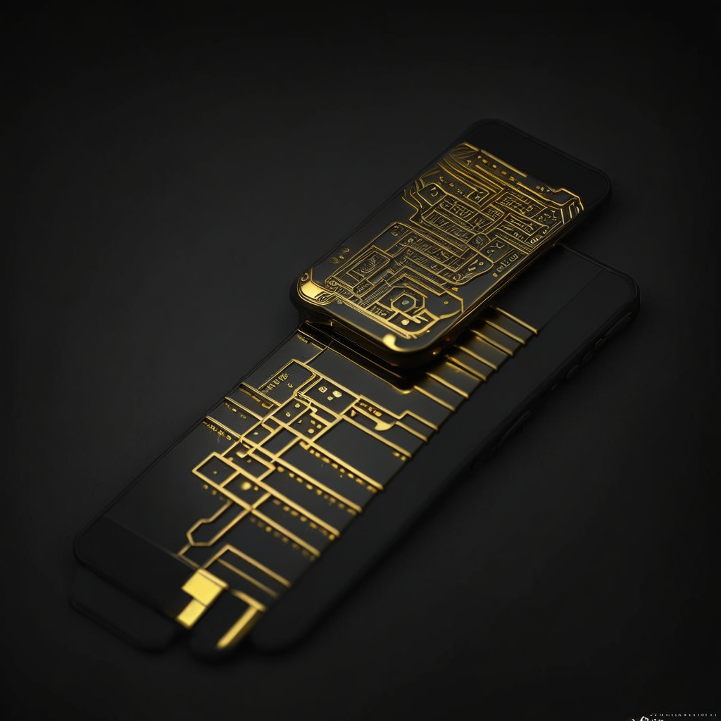 -hand-holding-a-gold-phone--colors-gold-graphite-gray-white-cyberpunk-super-resolution-sf-in-935596649